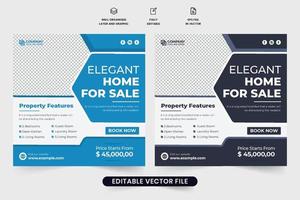 kreatives hausverkaufsgeschäft promo-vorlagendesign mit preisabschnitt und fotoplatzhaltern. modernes Werbeplakat für Immobiliengeschäfte mit blauen und dunklen Farben. Agentur für Immobilienverwaltung. vektor