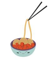 tteokbokki koreanska mat illustration - ris kakor tteokbokki i söt skål med kryddad sås med ätpinnar. vektor stock illustration isolerat på vit bakgrund. platt stil