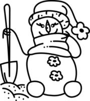 Schneemann doodle4. süßer schneemann mit hut und schaufel. weiße und schwarze vektorillustration der karikatur. vektor