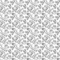 fisk mönster. söt sömlös mönster av 5 typer av fisk. tecknad serie vit och svart vektor illustration.