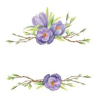 vattenfärg hand dragen sammansättning med vår blommor, krokus, löv och stjälkar, rosett, gåva märka. isolerat på vit bakgrund. för inbjudningar, bröllop, hälsning kort, tapet, skriva ut, textil. vektor