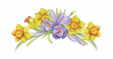 aquarell handgezeichnete komposition mit frühlingsblumen, krokus, schneeglöckchen, narzissen, schleife, geschenkanhänger. isoliert auf weißem Hintergrund. für einladungen, hochzeit, grußkarten, tapeten, druck, textil. vektor