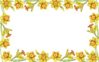 aquarell handgezeichneter quadratischer rahmen mit frühlingsblumen, narzissen, schneeglöckchen, zweigen, blättern. isoliert auf weißem Hintergrund. design für einladungen, hochzeit, grußkarten, tapeten, druck, textil vektor