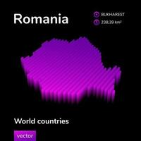 Rumänien 3D-Karte. stilisierte Neon digital isometrische gestreifte Vektorkarte in violetten und rosa Farben auf schwarzem Hintergrund vektor