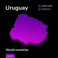 Uruguay 3D-Karte. stilisierte neon einfache digitale isometrische gestreifte vektorkarte von uruguay ist in violetten farben auf schwarzem hintergrund. Bildungsbanner vektor