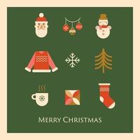geometrisches weihnachtsplakat aus einfachen geometrischen symbolen - weihnachtsmann, hässlicher pullover, weihnachtsbaum, ball, schneemann, schneeflocke. roter, grüner und goldener geometrischer hintergrund. Winterurlaub-Vektor-Illustration vektor