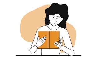 Frau liest Buch-Vektor-Konzept-Illustration. Bildungscharakter und studentisches Studium. Wissen mit Literatur und weiblichem Hobbylernen. intelligente Informations- und Bildungsliteratur. kluger Erwachsener vektor