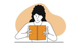 Frau liest Buch-Vektor-Konzept-Illustration. Bildungscharakter und studentisches Studium. Wissen mit Literatur und weiblichem Hobbylernen. intelligente Informations- und Bildungsliteratur. kluger Erwachsener vektor