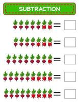 Subtraktion. Mathe-Arbeitsblatt für Kinder. Entwicklung von Rechenfähigkeiten. Beispiele lösen und schreiben. Mathematik. vektorillustration.pädagogik mathe kinderspiel. Abzug für Kinder vektor