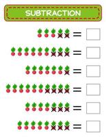 Subtraktion. Mathe-Arbeitsblatt für Kinder. Entwicklung von Rechenfähigkeiten. Beispiele lösen und schreiben. Mathematik. vektorillustration.pädagogik mathe kinderspiel. Abzug für Kinder vektor