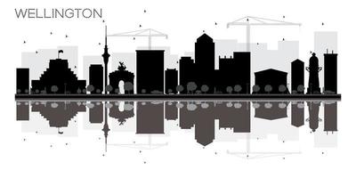 wellington stad horisont svart och vit silhuett med reflektioner. vektor