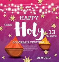 fröhliches holi-feierplakat mit neonlichtern und goldenen sternen. vektor