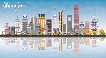 shanghai horisont med Färg byggnader, blå himmel och reflektioner. vektor