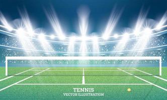 tennis domstol med grön gräs och strålkastare. vektor