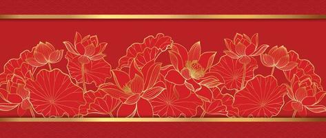 frohes chinesisches neues jahr luxus stil muster hintergrund vektor. goldene linienkunst der lotusblume im goldrahmen auf rotem hintergrund. designillustration für tapete, karte, plakat, verpackung, werbung. vektor