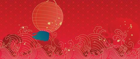 orientalisk japansk och kinesisk lyx stil mönster bakgrund vektor. guld orientalisk lykta, hav Vinka linje konst med kinesisk mönster röd bakgrund. design illustration för tapet, kort, affisch. vektor