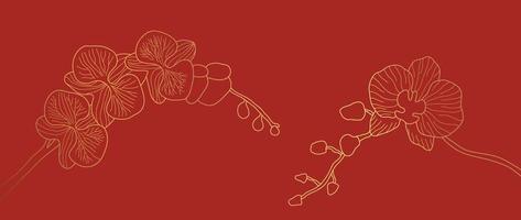 frohes chinesisches neues jahr luxus stil muster hintergrund vektor. orientalische orchideenblumengoldlinie kunstbeschaffenheit auf rotem hintergrund. designillustration für tapete, karte, plakat, verpackung, werbung. vektor