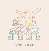 Icon-Serie exklusiv für die Türkei – Collage im Schloss Aydin. eine Collage über Aydin-spezifische Efe-Gerste, Olive, historische Gürtel, Baumwolle, Feige, Kamel und ähnliche Linien. vektor