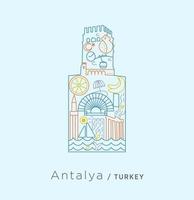 Icon-Serie exklusiv für die Türkei – Collage im Schloss von Antalya. eine Collage zu antalya-spezifischen Linien wie Banane, Meer, Strand, antikes Theater, Granatapfel, Stadtmauer, Wasserfall und so weiter.