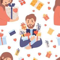 Nahtloses Muster mit glücklichem Mann und Frau mit Geschenken auf weißem Hintergrund mit Geschenkboxen und Herzen. vektorillustration für feiertagsdesign, verpackung, tapeten, textilien und valentinsgrüße. vektor