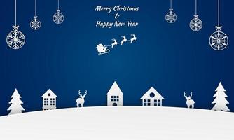 glad jul och Lycklig ny år papper skära begrepp. jul och med jultomten släde flygande, måne, gran träd, stjärnor, hus, och hjortar papper skära begrepp på blå bakgrund. vektor illustration