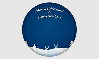 frohe weihnachten und guten rutsch ins neue jahr papercut-konzept. weihnachten und mit dem schlittenfliegen des weihnachtsmanns, schneeflocken, tannenbäumen, sternen, hirschpapierschnittkonzept auf blauem hintergrund. Vektor-Illustrator vektor