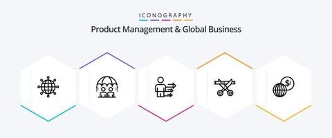 Produktmanagement und globales Geschäft 25-Zeilen-Icon-Paket, einschließlich global. Öffnung. Ansatz. modern. Geschäft vektor