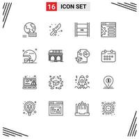 Stock-Vektor-Icon-Pack mit 16 Zeilenzeichen und Symbolen für Helm-Web-HD-Filmeinstellungsdefinitionsvideo editierbare Vektordesign-Elemente vektor