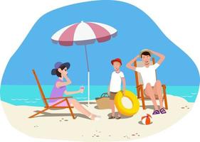 Familie am Strand unter einem Sonnenschirm vor dem Hintergrund des Meeres. Vektor. vektor