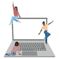 drei schwarze kleine Mädchen in verschiedenen Posen in der Nähe eines großen Laptops, Programmierer, isoliert auf weißem, flachem Vektor, gesichtsloser Illustration, Teamarbeit von Programmierern vektor