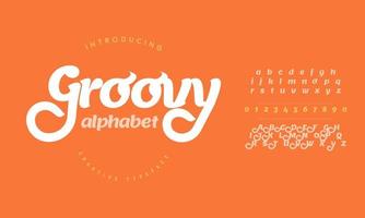 groovige Retro-70er-Alphabet-Buchstaben-Schriftart. vintage typografie für grafisches tee hippie symbol schriftbild vektor