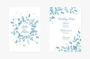 hochzeitseinladungskarten blaues aquarell-kollektionsdesign, einladungs- und menüvorlage. Vektor einladen.