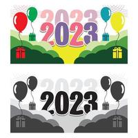 Lycklig ny år 2023. färgrik och enkel kombination av moln, ballong, gåva ikon. vektor illustration bakgrund för ny år eve och ny år upplösningar och Lycklig lyckönskningar
