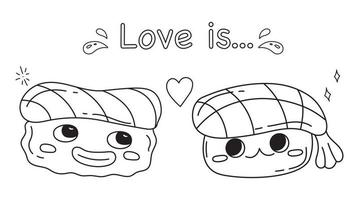 liebe ist... schriftzug mit paar sushi. valentine asiatisches essen vektor-doodle-illustration. Garnelen- und Lachs-Sushi. vektor