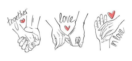 enkel vektor händer. linje konst. en mannens hand och en kvinnas hand. text text handla om kärlek. en få exempel. enkel vektor händer. linje konst. röd hjärta