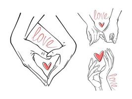 enkel vektor händer. linje konst. en mannens hand innehar en kvinnas hand. text med en deklaration av kärlek. en få exempel. enkel vektor händer. linje konst. röd hjärta