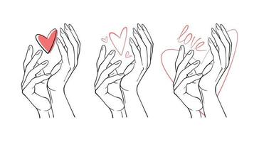 enkel vektor händer. linje konst. en mannens hand och en kvinnas hand. text med deklaration av kärlek. enkel vektor händer. enkel vektor händer. linje konst. röd hjärta