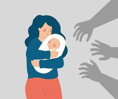 Die verängstigte Mutter schützt ihr Baby vor gefährlichen Händen, die sie bedrohen. Konzept des Missbrauchs in der Familie, häuslicher Gewalt, körperlicher Übergriffe, negativer Erziehung. Stoppen Sie das Mobbing von Kindern und Frauen.