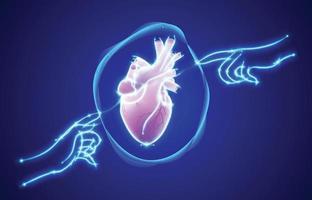 Liniendarstellung von zwei leuchtenden menschlichen Händen, die ein Herz mit einem Finger in der Mitte auf einem dunkelblauen Hintergrund berühren. vektor