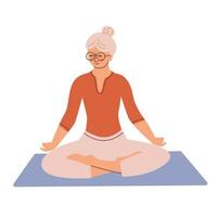 Eine ältere Frau in Lotusposition, Meditationspraxiskonzept. Tätigkeit im Alter vektor