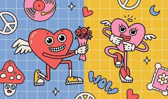 retro tecknad serie häftig affisch med hjärta maskot ger blomma bukett till hans flicka vän. Lycklig valentines dag. trendig hippie 70s stil. kort, vykort, skriva ut. linje konst isolerat vektor illustration.