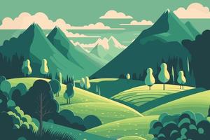 berg grünes feld alpine landschaft natur mit holzhäusern vektor
