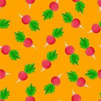 Nahtloses Muster mit Rettich y auf orangefarbenem Hintergrund. ein Muster mit Gemüse auf Textilien für die Küche. vektor