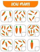 Zähle wie viele Karotten. schreibe die Antwort auf. Lernspiele für Kinder. vektor