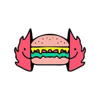 zwei Hälften des Feuers mit Burger im Inneren. illustration für streetwear, t-shirt, poster, logo, aufkleber oder bekleidungswaren. Retro- und Pop-Art-Stil. vektor