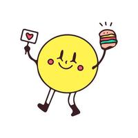 söt leende emoji innehav hamburgare, illustration för t-shirt, klistermärke, eller kläder handelsvaror. med klotter, retro, och tecknad serie stil. vektor