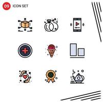 piktogram uppsättning av 9 enkel fylld linje platt färger av is resa filma regelbunden video spelare app redigerbar vektor design element