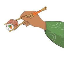 japansk kök, hand med ätpinnar, asiatisk mat. för restaurang menyer och affischer. leverans webbplatser vektor platt illustration isolerat på vit bakgrund. sushi rullar onigiri soja sås uppsättning. stock