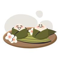 asiatisk mat onigiri. ris bollar med inte jag heller. tecknad serie Lycklig karaktär. traditionell japansk maträtt. klotter dragen vektor illustration för meny, affisch, flygblad, baner, matlagning begrepp