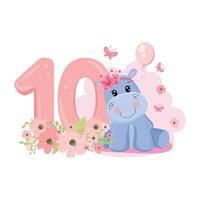 süßes Baby-Flusspferd. Geburtstagseinladung. zehn Jahre, zehn Monate. Alles Gute zum Geburtstag vektor